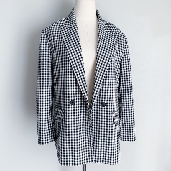 Zara oversized double breasted plaid blazer jacket white black size medium - Picture 1 of 7